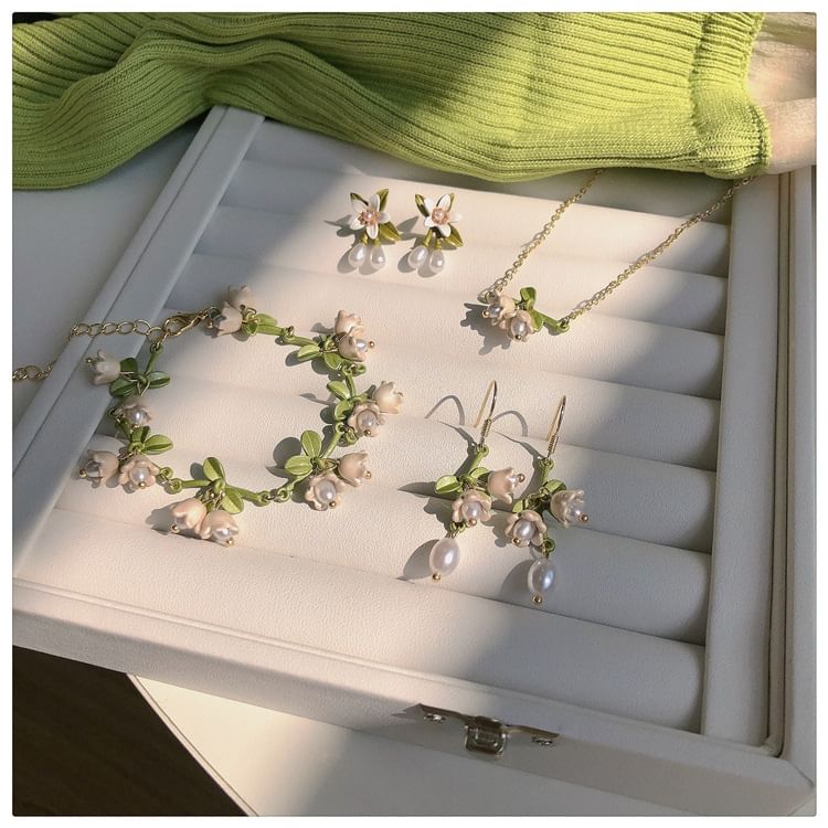 / Flower Bracelet Necklace Pearl Earring Hook Faux Stud