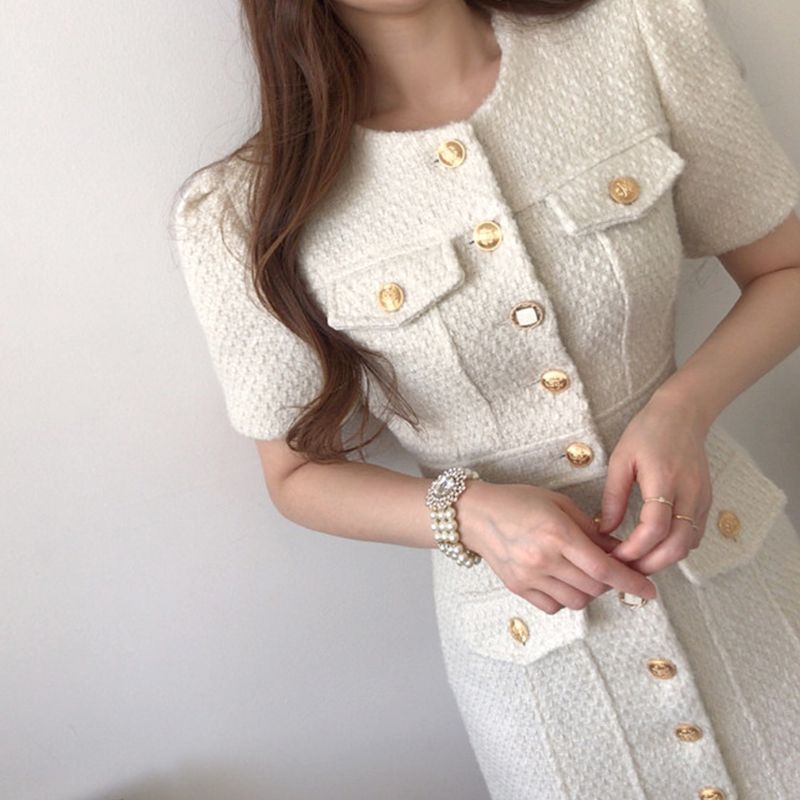 Short-Sleeve Button-Up Tweed Mini Sheath Dress