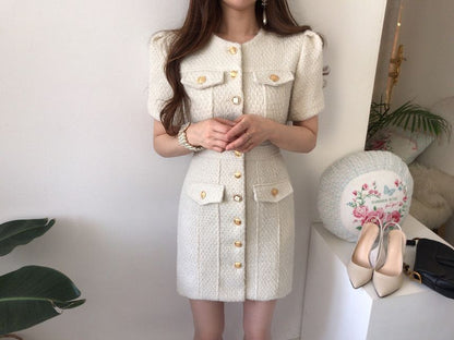 Short-Sleeve Button-Up Tweed Mini Sheath Dress