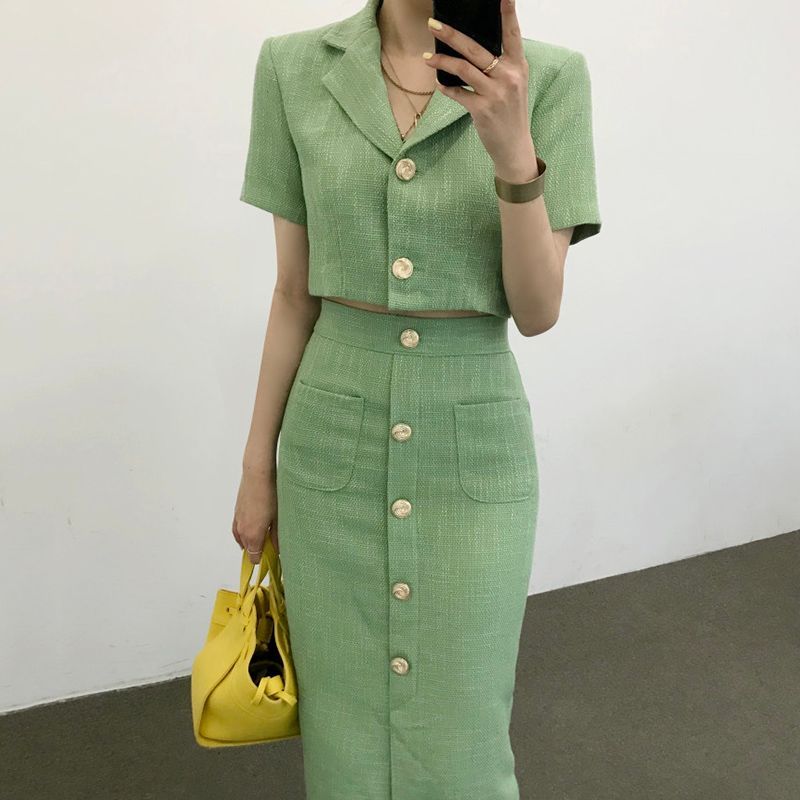 Short-Sleeve Tweed Cropped Blazer / Midi Pencil Skirt