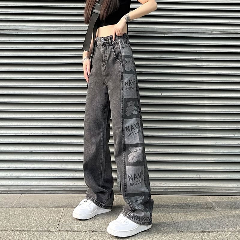 Baggy Graphic Waist Print High Jeans