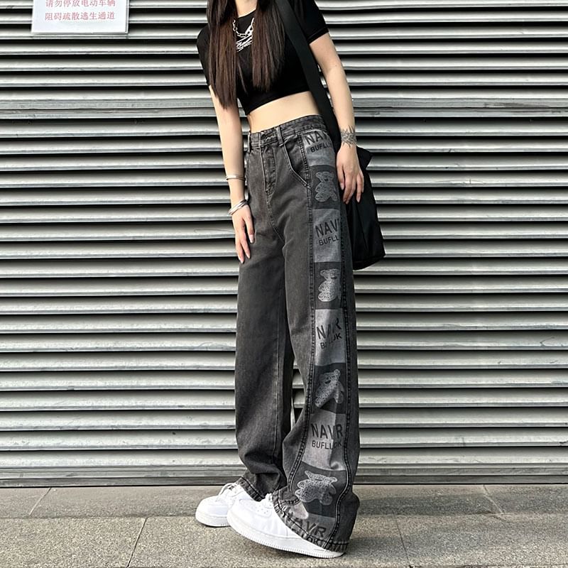 Baggy Graphic Waist Print High Jeans