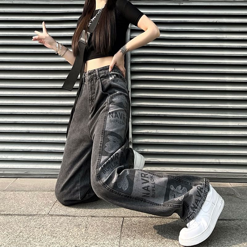 Baggy Graphic Waist Print High Jeans