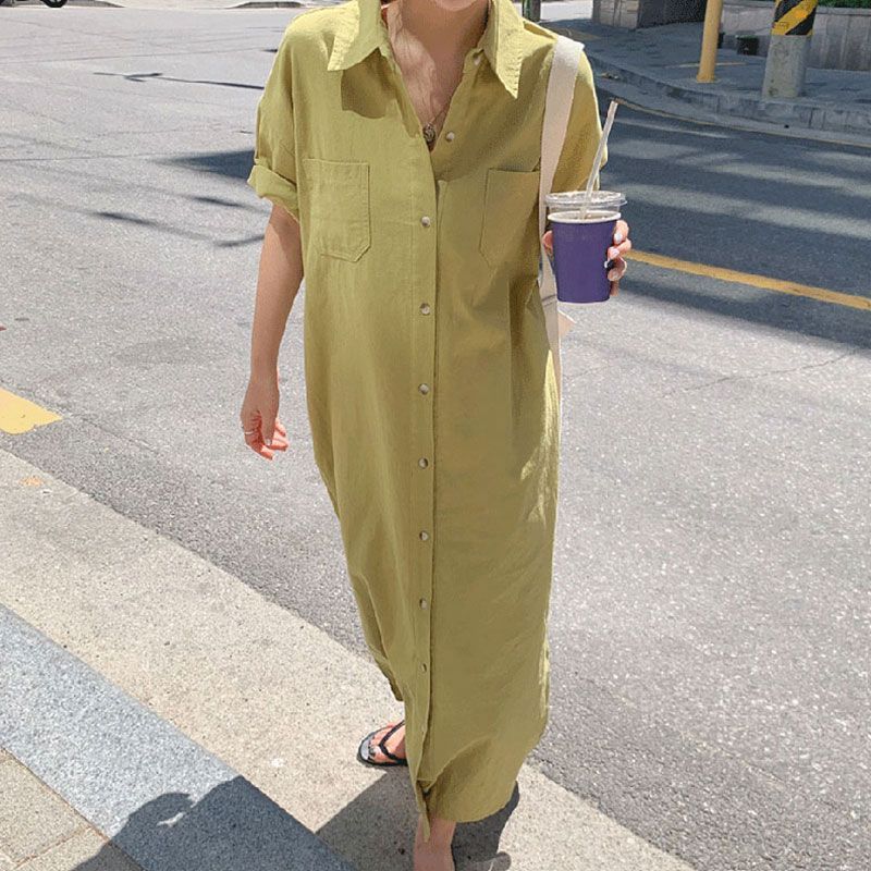 Plain Short-Sleeve Loose-Fit Shirtdress