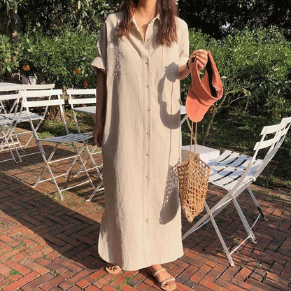 Plain Short-Sleeve Loose-Fit Shirtdress