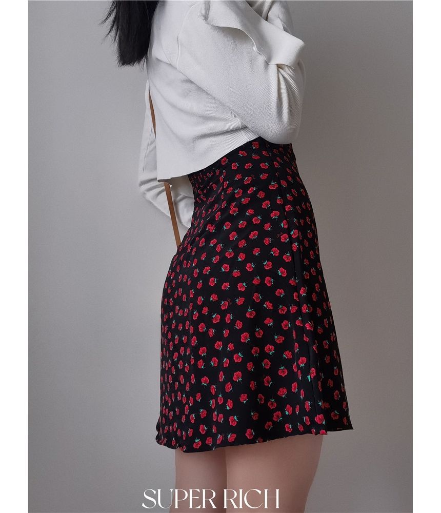 Strap Floral / Spaghetti Sleeveless Rose Dress Slim-Fit Mini Print Midi