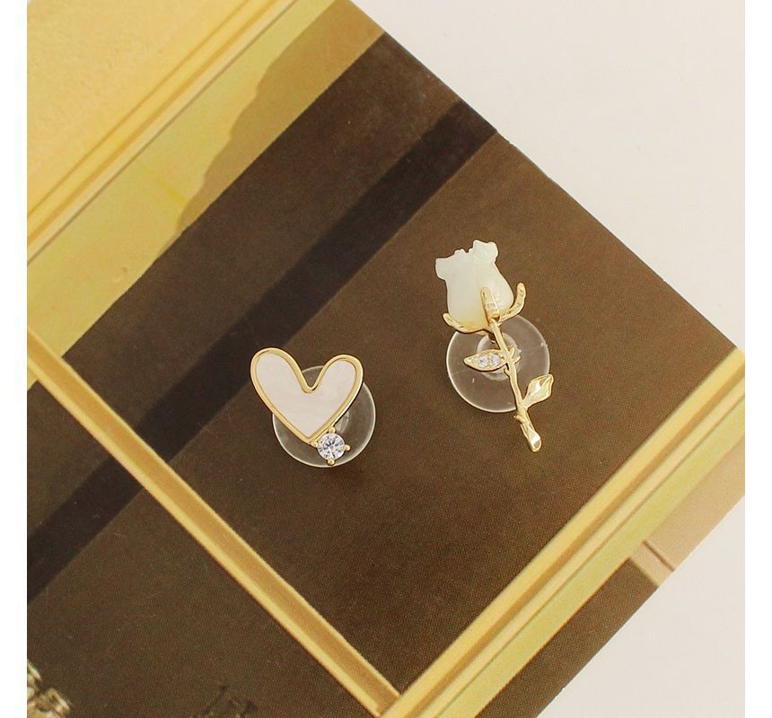 Earring Flower Shell Heart Asymmetrical Alloy