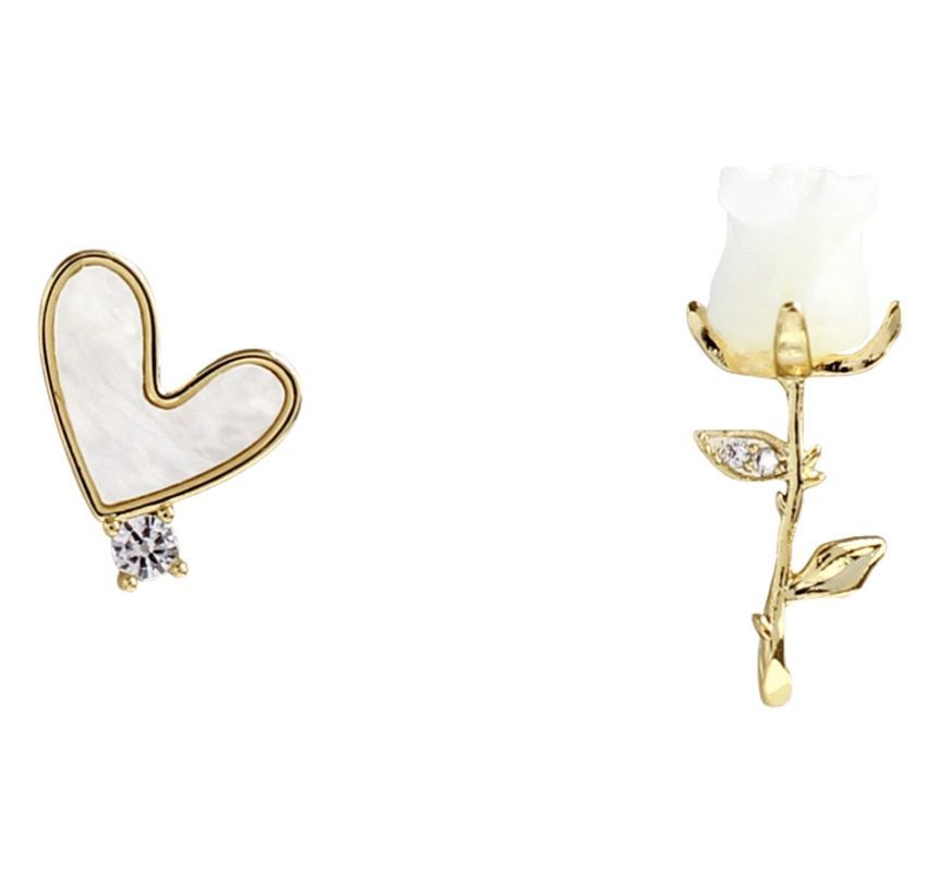 Earring Flower Shell Heart Asymmetrical Alloy