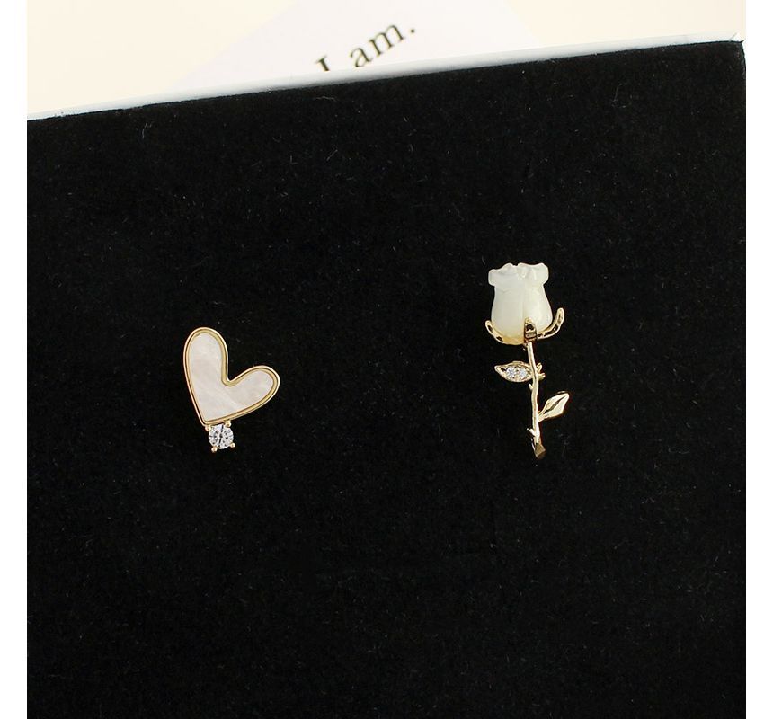 Earring Flower Shell Heart Asymmetrical Alloy