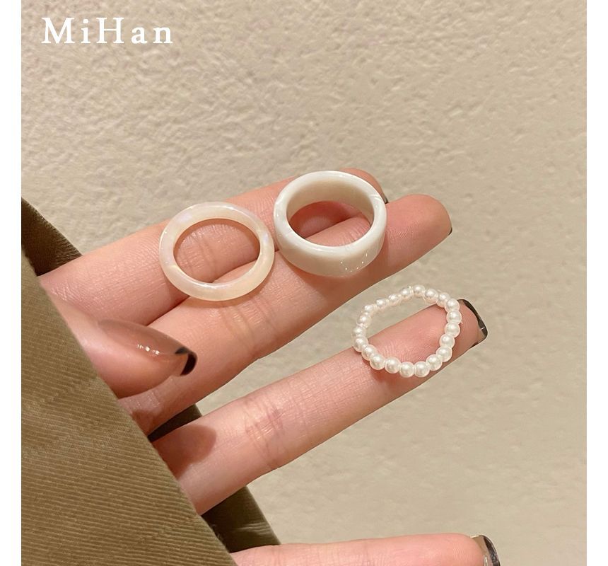 Pearl Ring + Resin Faux Set Of 3: