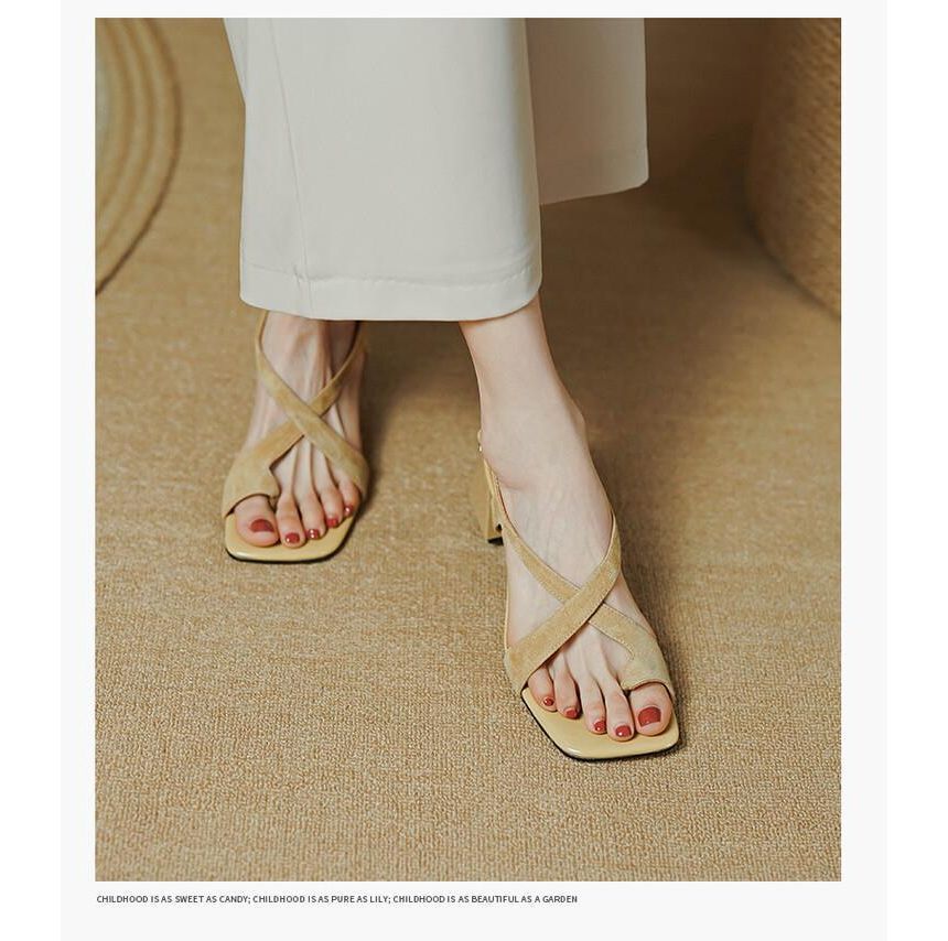 Chunky Strap Heel Cross Sandals Square-Toe