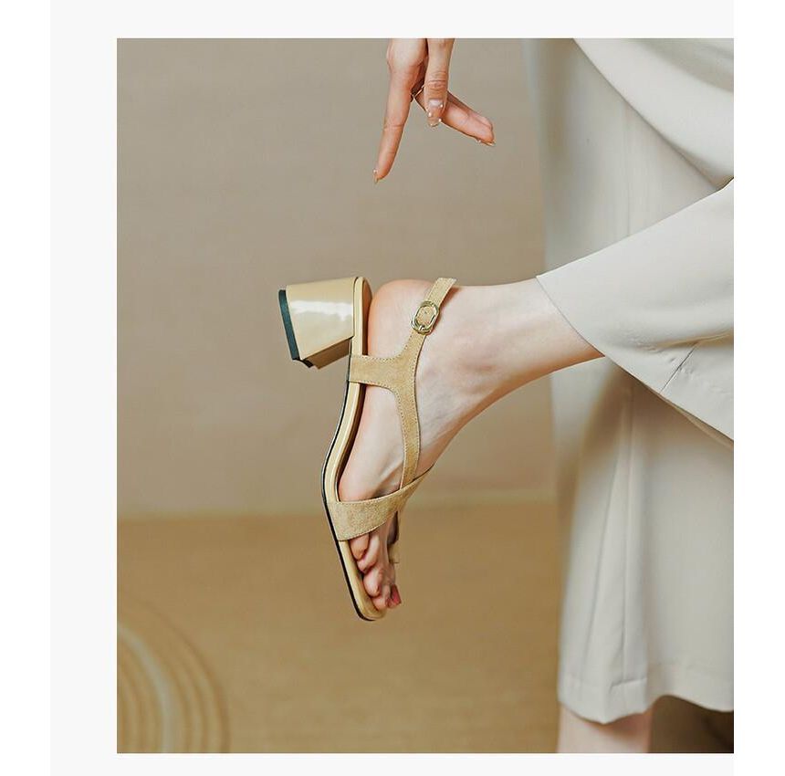 Chunky Strap Heel Cross Sandals Square-Toe