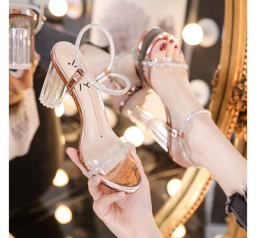 Rhinestone Chunky-Heel Sandals Ankle-Strap