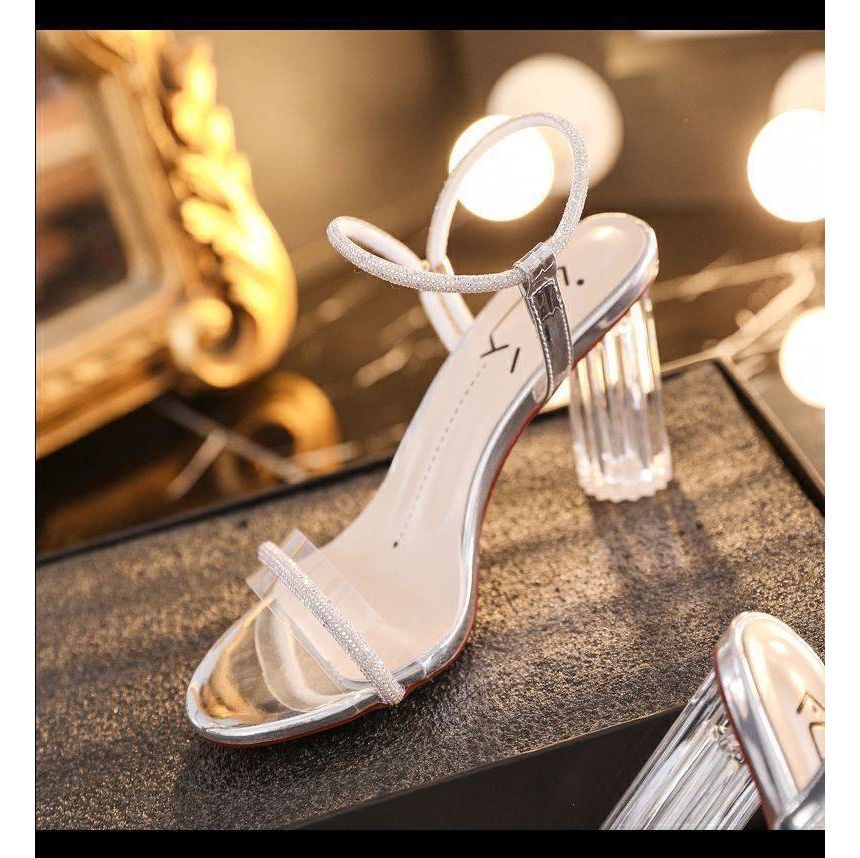 Rhinestone Chunky-Heel Sandals Ankle-Strap