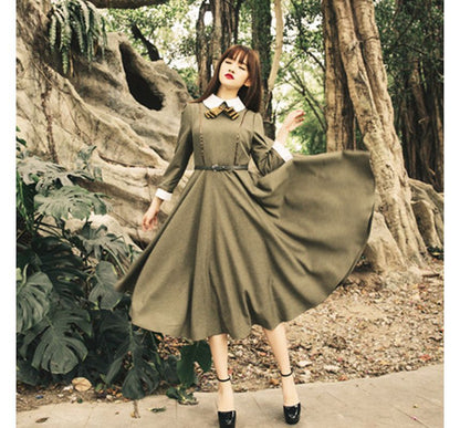 Long-Sleeve Contrast Collar Midi A-Line Dress