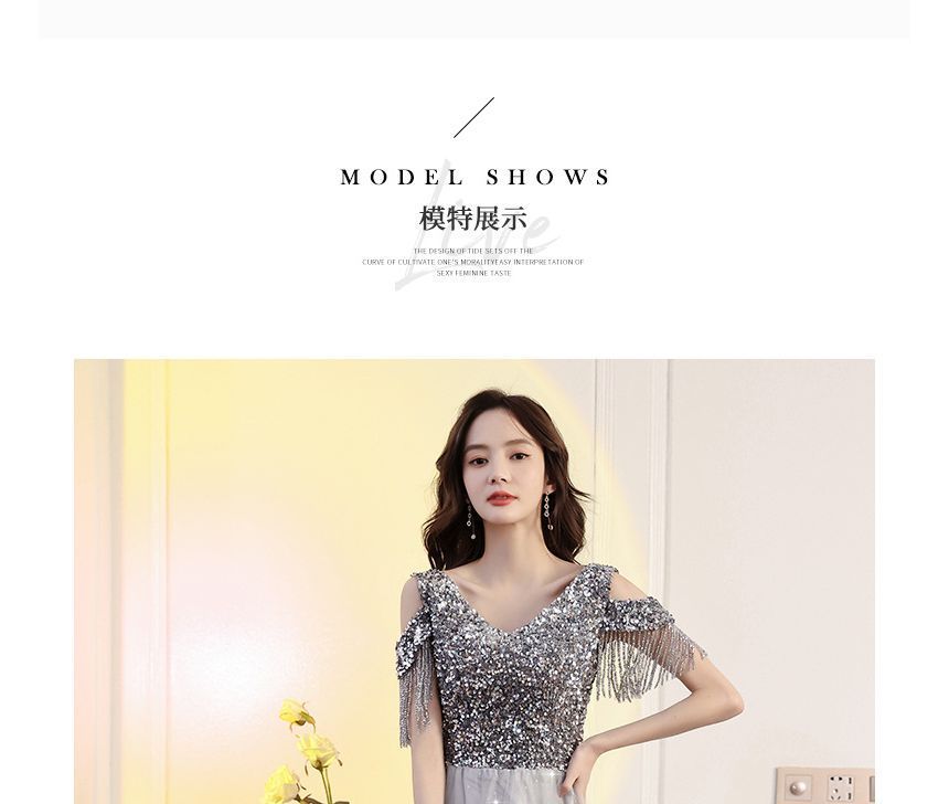 Maxi Cold Dress Prom Shoulder Sequin