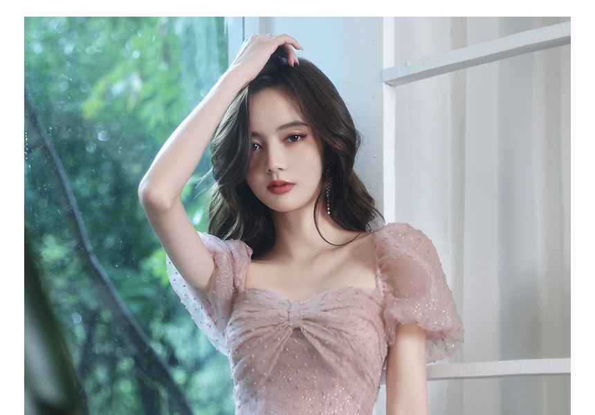 Dotted Puff-Sleeve Prom A-Line Dress