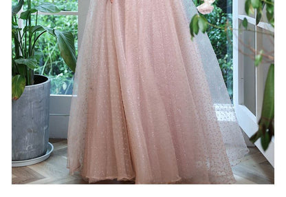 Puff-Sleeve Dotted A-Line Prom Dress