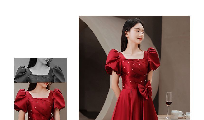 Puff-Sleeve Embellished Bow A-Line Prom Dress