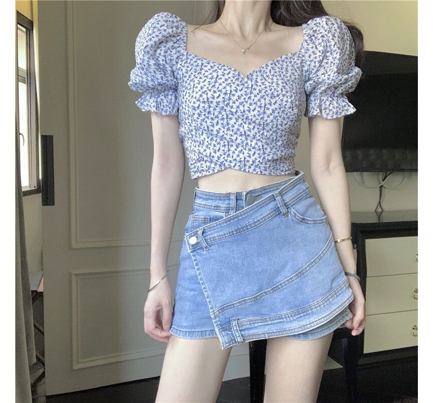 Floral Cropped Blouse Puff-Sleeve