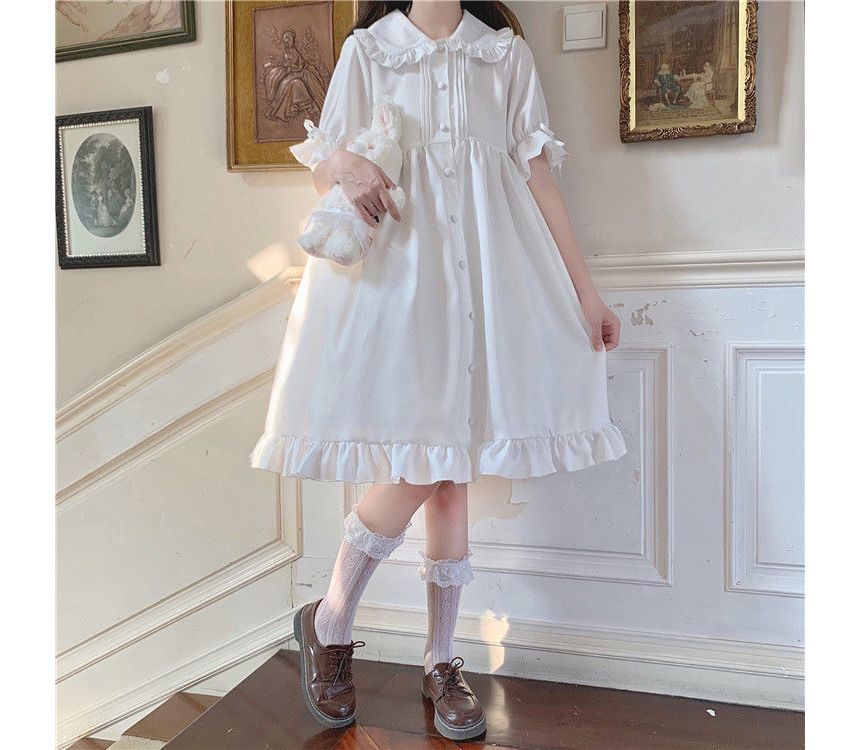 Lolita Short-Sleeve Frill Trim A-Line Shirt Dress