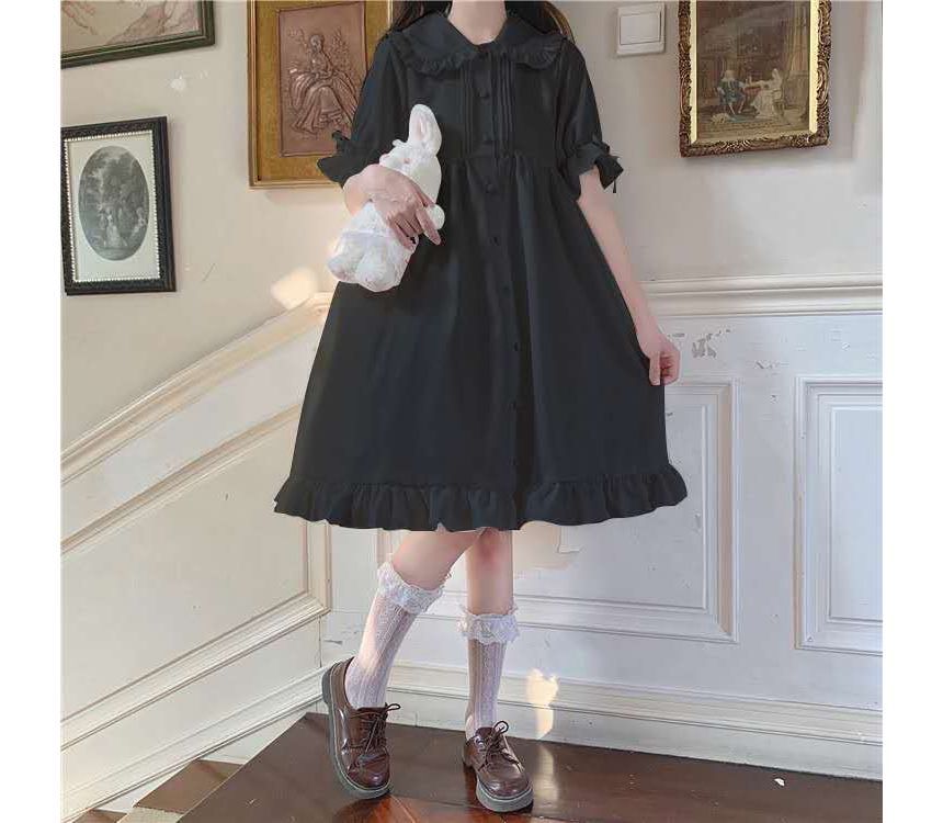 Lolita Short-Sleeve Frill Trim A-Line Shirt Dress