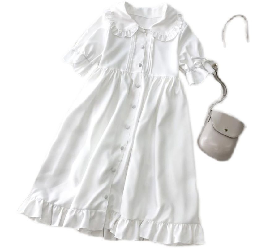 Lolita Short-Sleeve Frill Trim A-Line Shirt Dress