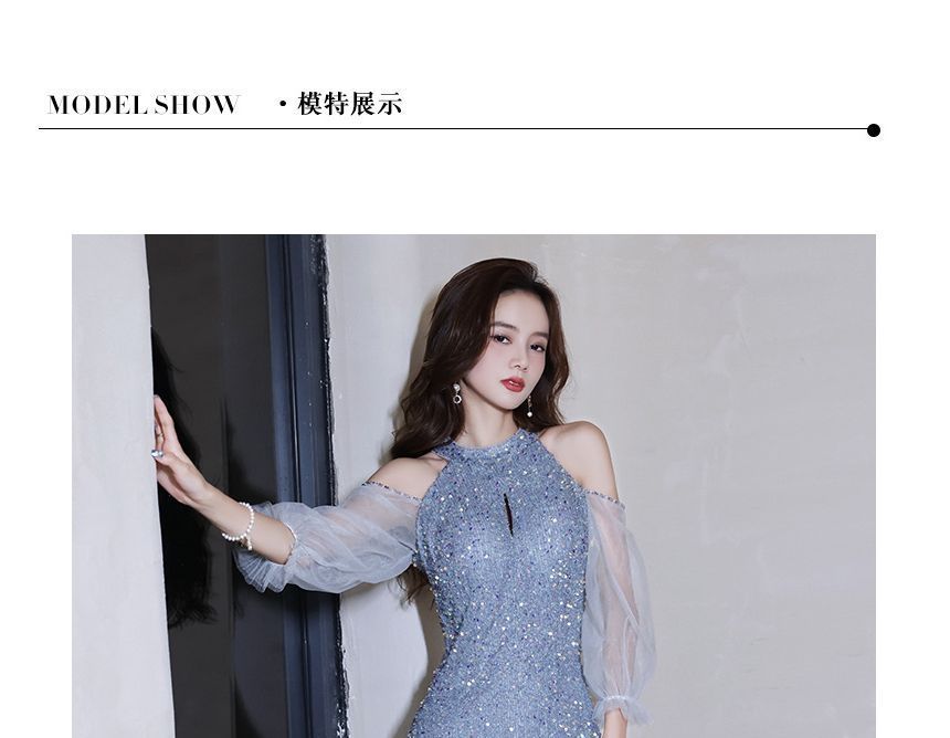 Gown Sheath Evening Cold-Shoulder Sequin