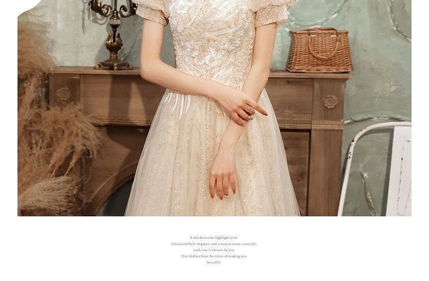 A-Line Gown Cocktail Dress Evening Puff-Sleeve /