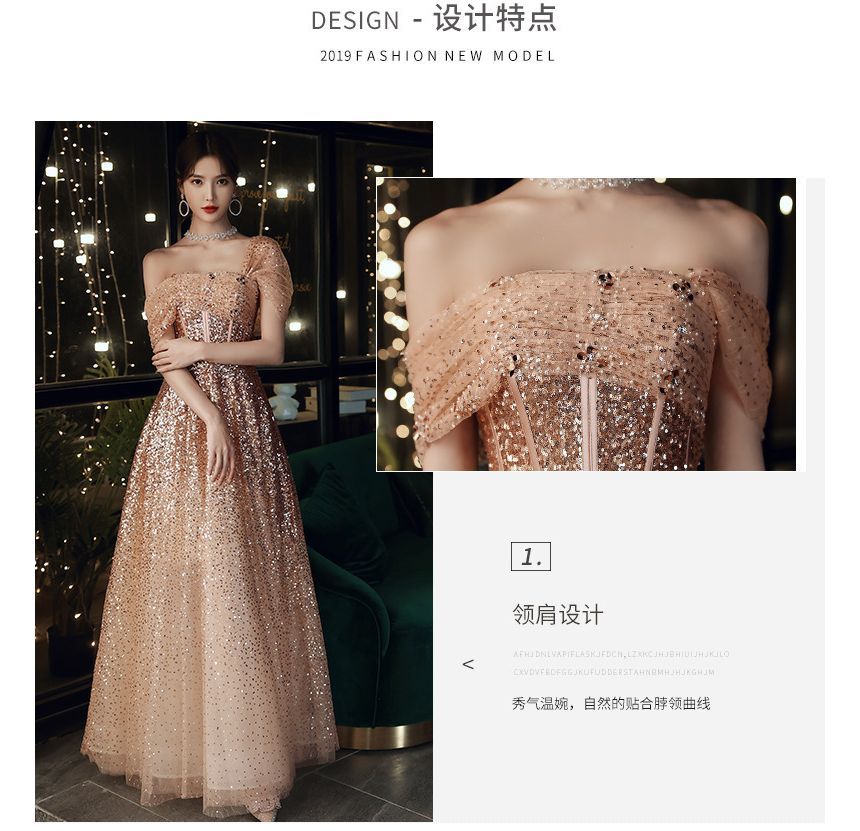 Off-Shoulder Sequin A-Line Evening Gown