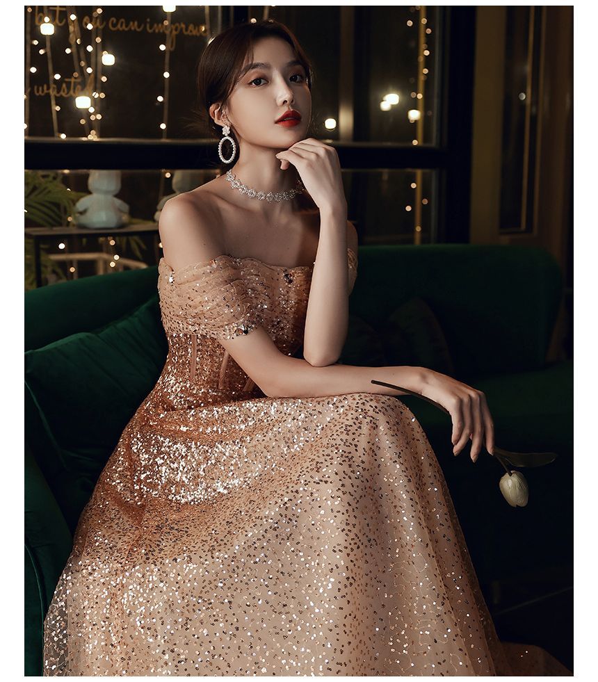 A-Line Evening Gown Off-Shoulder Sequin