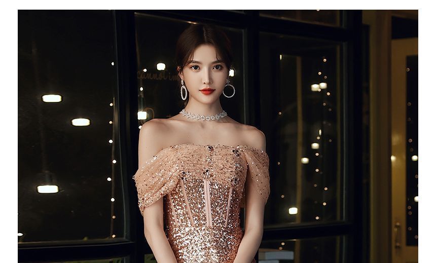 Off-Shoulder Sequin A-Line Evening Gown