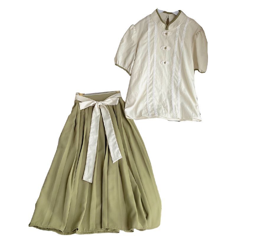 Set: Short-Sleeve Mandarin Collar Blouse + Pleated Midi A-Line Skirt