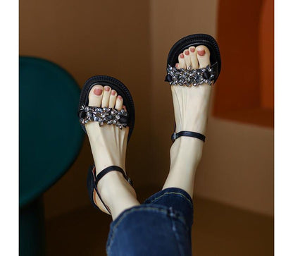 Block-Heel Genuine Leather Embellished Sandals