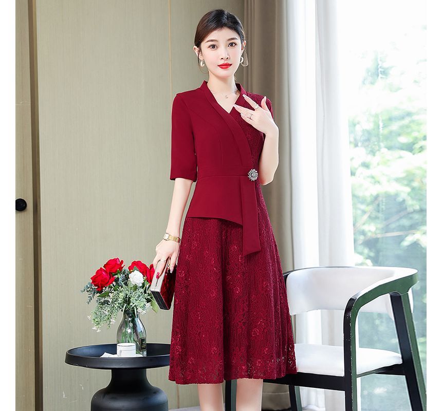 Elbow-Sleeve Lace Panel A-Line Dress