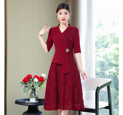 Elbow-Sleeve Lace Panel A-Line Dress