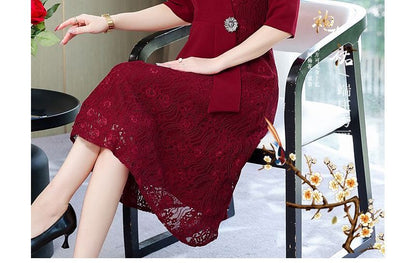 Elbow-Sleeve Lace Panel A-Line Dress