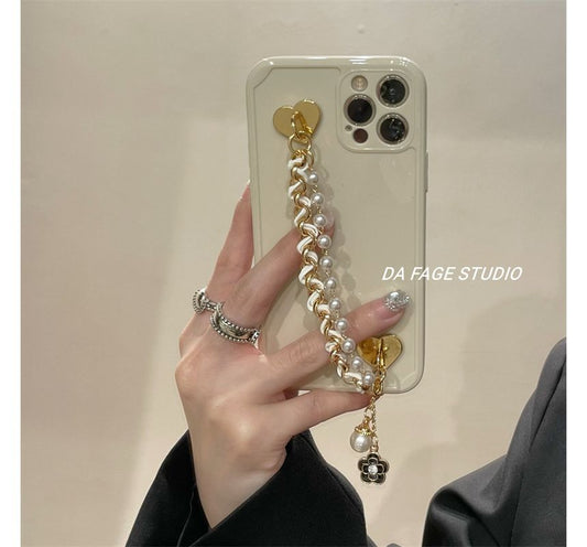 Flower Faux Pearl Chain Phone Case