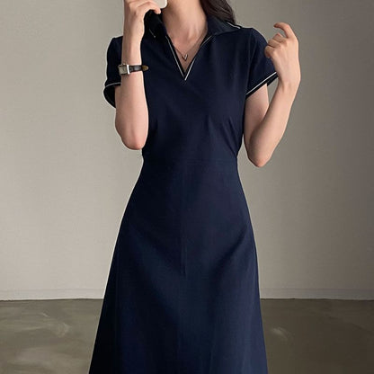 Short-Sleeve Contrast Stitching Polo Dress