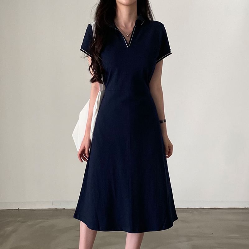 Short-Sleeve Contrast Stitching Polo Dress