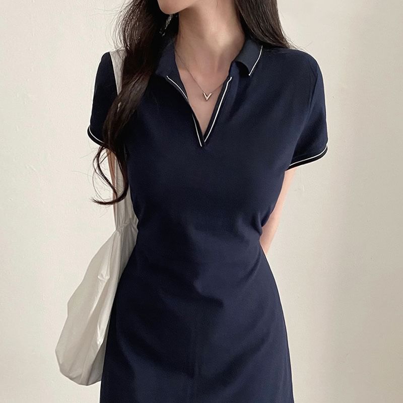 Short-Sleeve Contrast Stitching Polo Dress