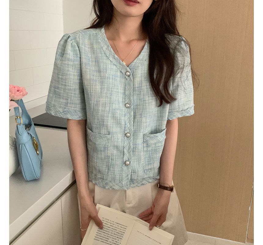 Short-Sleeve Plaid Button Blazer