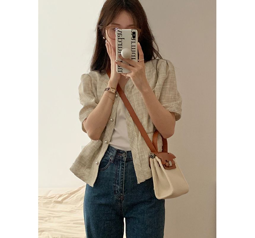 Short-Sleeve Plaid Button Blazer