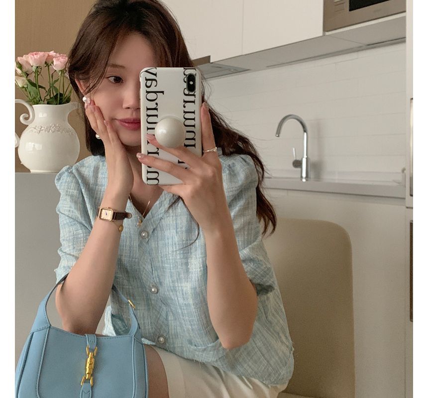 Short-Sleeve Plaid Button Blazer