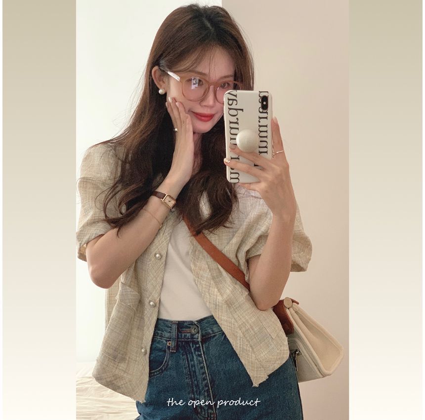 Short-Sleeve Plaid Button Blazer