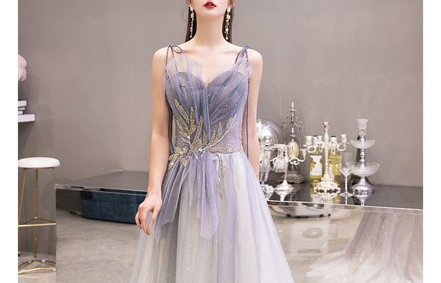 Gown Rhinestone A-Line Gradient Evening Neckline Strap Mesh Sweetheart Spaghetti