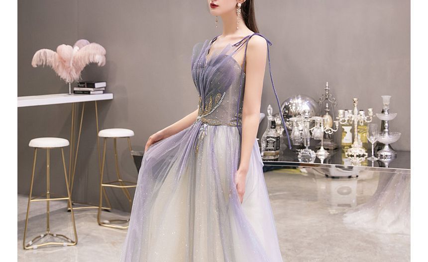 Gown Rhinestone A-Line Gradient Evening Neckline Strap Mesh Sweetheart Spaghetti