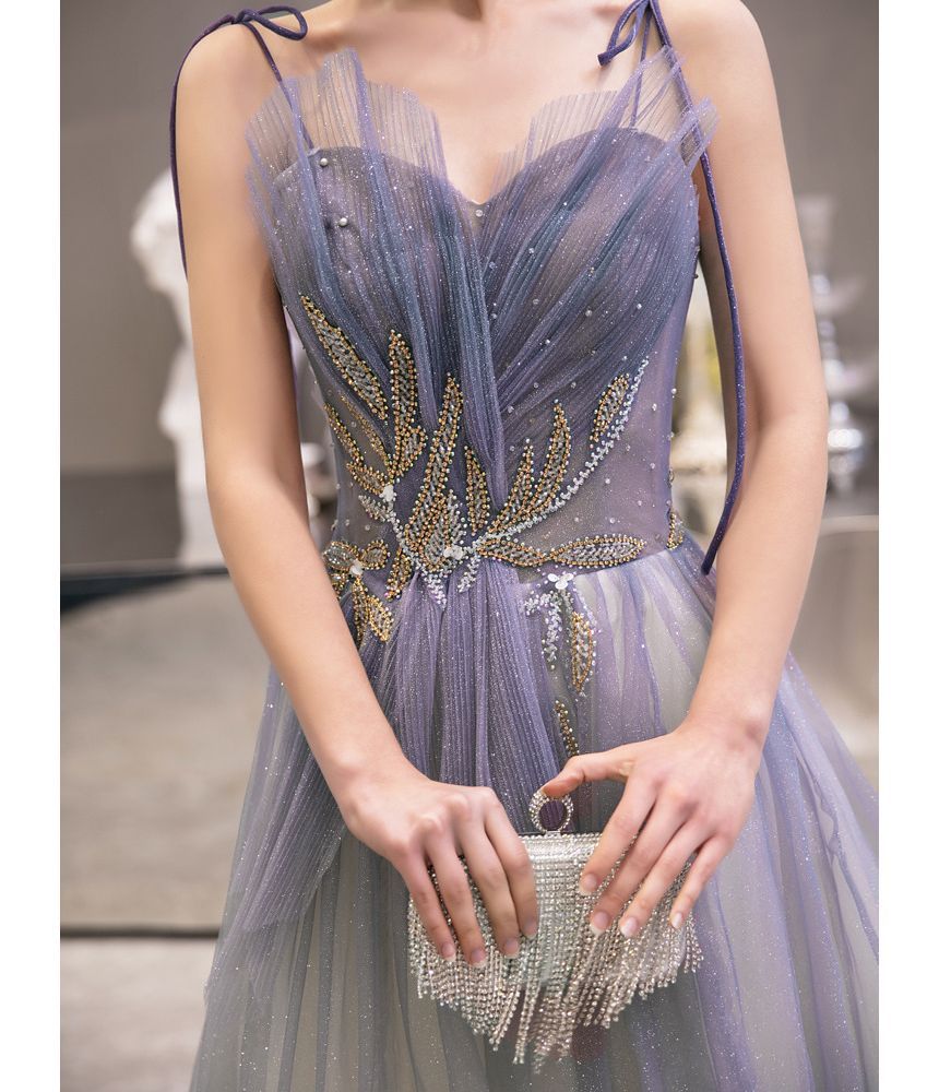 Gown Rhinestone A-Line Gradient Evening Neckline Strap Mesh Sweetheart Spaghetti