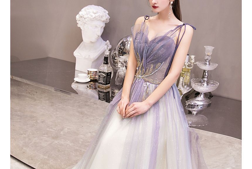 Gown Rhinestone A-Line Gradient Evening Neckline Strap Mesh Sweetheart Spaghetti