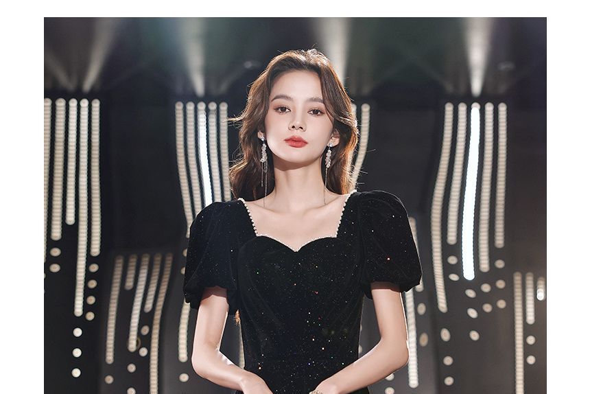 Neckline Prom Beaded (Various Dress Puff-Sleeve Sweetheart Designs) Trim Glitter